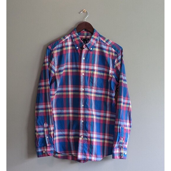 Gap Size Medium M Blue Plaid Slim Fit Shirt Mens Red Button Down Long Sleeve - Picture 1 of 4